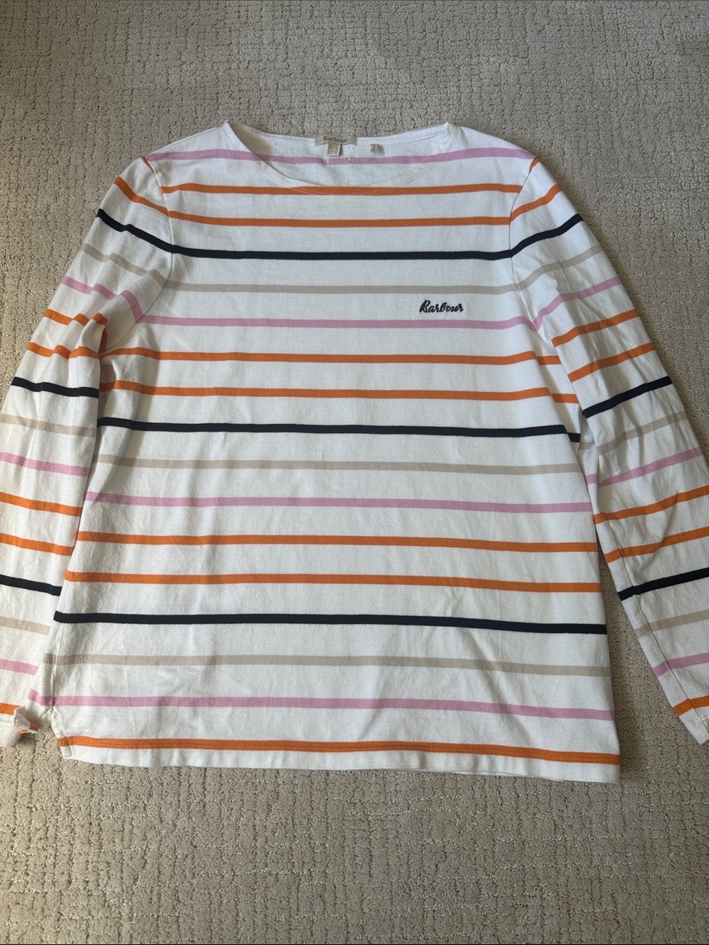 Barbour White Long Sleeve Striped Tee with Pink, Orange, Navy